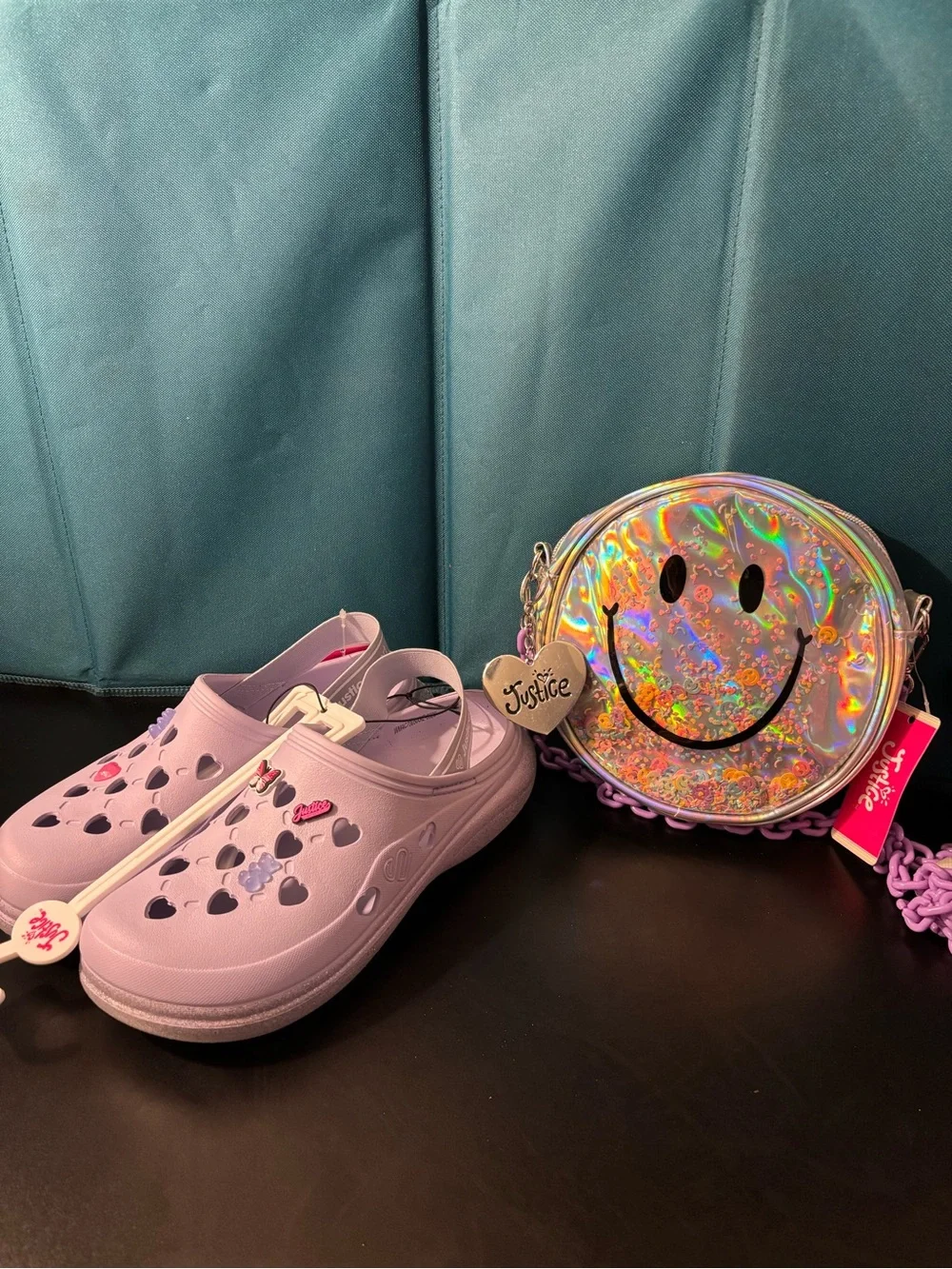 Justice Lavender Heart Slip-On Clogs with Holographic Smile Bag